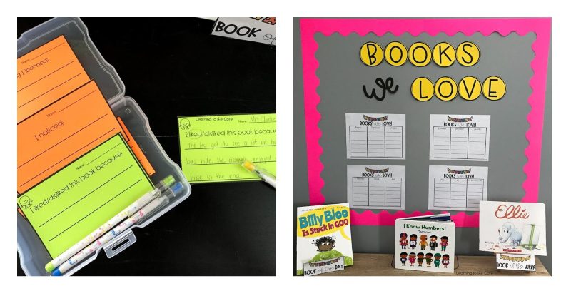 card file holding student book reviews and a bulletin board with students' ideas for books they love