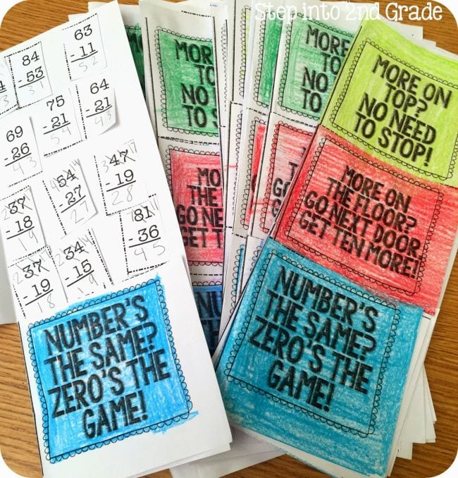 math printouts with subtraction sayings written on them