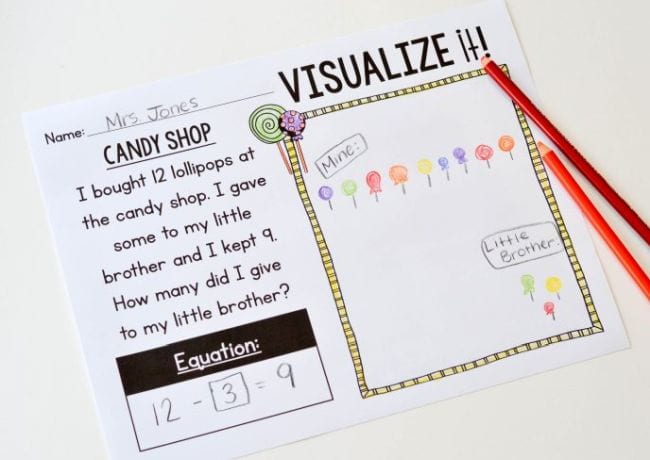 a math worksheet showing the strategy "visualize it"