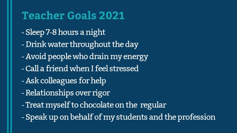 This is an image of goals for teachers in 2021. These goals focus on health and well-being and are goals for teachers who are in survival mode in 2020.