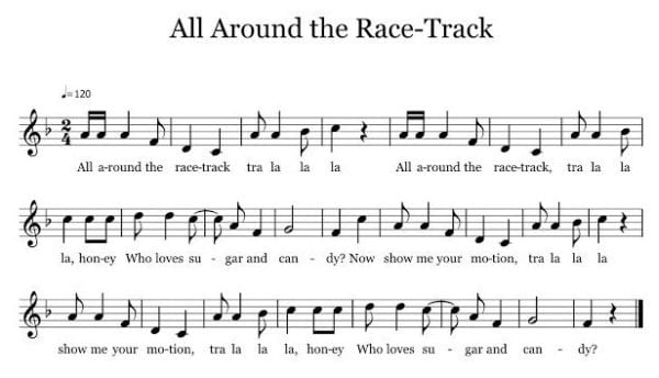 All Around Race-Track이라는 간단한 노래의 악보 