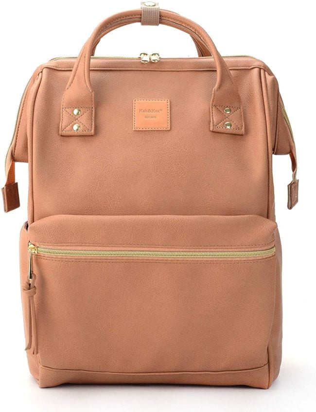 Tan diaper bag backpack with front zipper pocket and top zipper opening