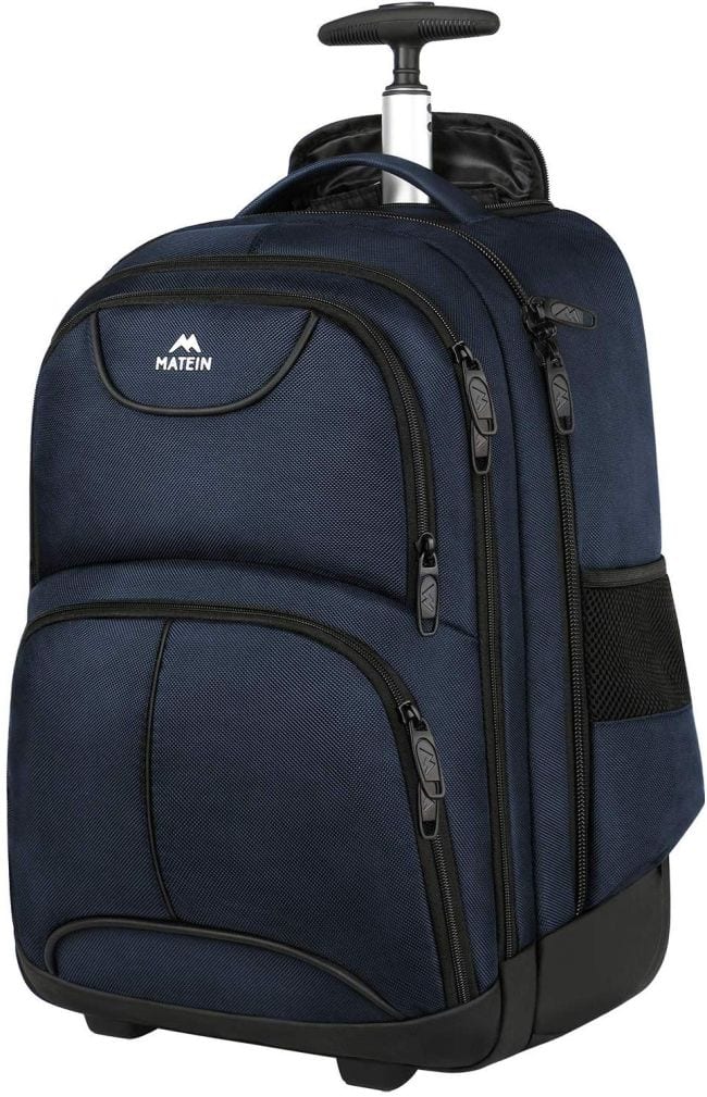 Dark blue backpack with wheels and retractable handle