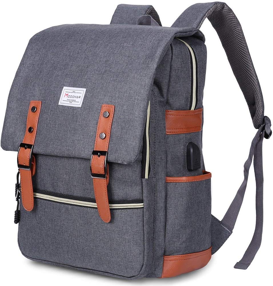 Gray boxy backpack with brown accents (Best Teacher Backpacks)