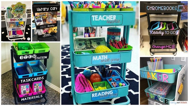(opens in a new tab) Collage of teacher cart ideas with multiple color styles and uses