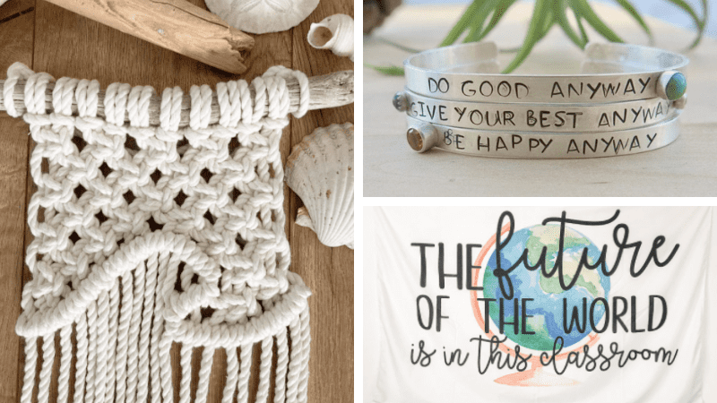 A bracelet, t-shirt, and art sold by teachers