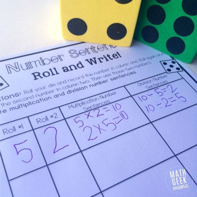 Oversized dice with Number Sentence Roll and Write worksheet (Teaching Division)