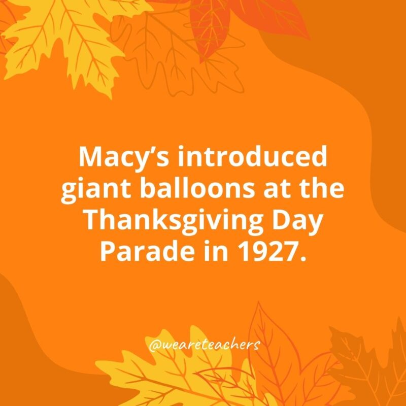 Macy's introduced giant balloons at the Thanksgiving Day Parade in 1927.- Thanksgiving facts