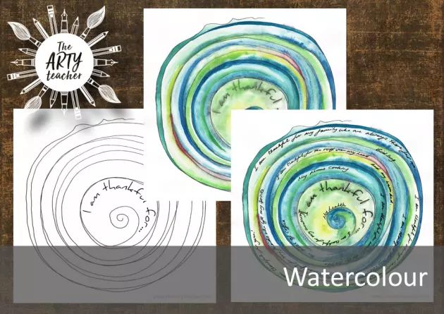 A spiral watercolor project is made with watercolors and there is writing in the spirals that includes what students are grateful for.