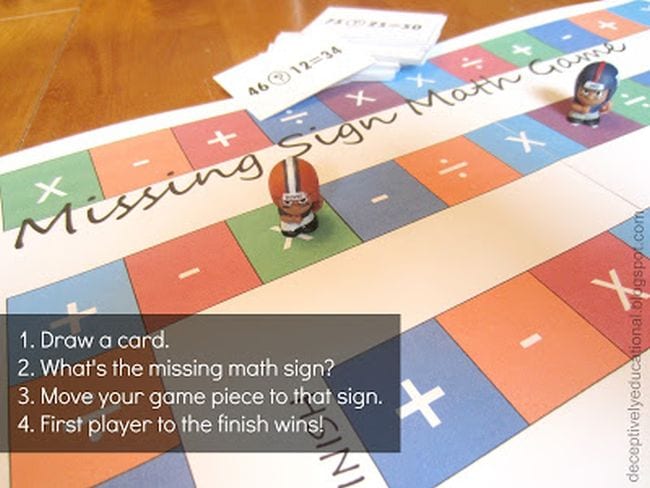 Missing Sign Math Game with operation signs in each square and football men markers (Third Grade Math Games)