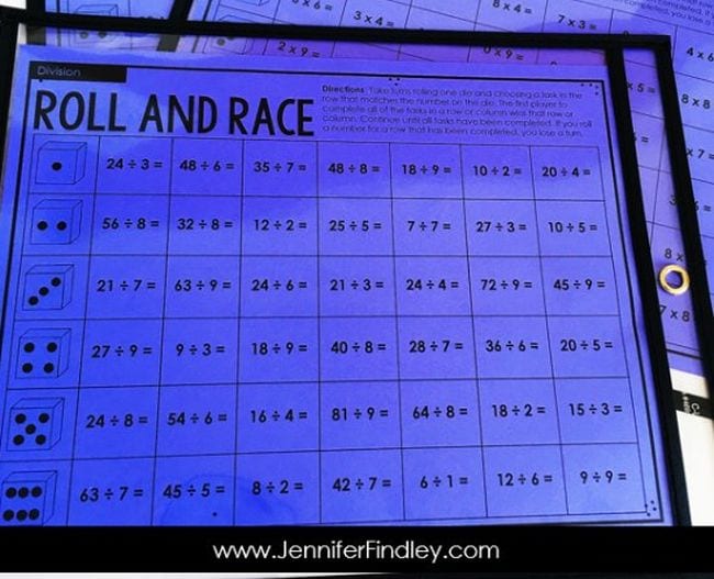 Roll and Race worksheet in a sheet protector (Third Grade Math Games)