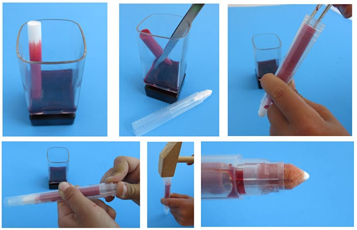 Collage de fotos que muestra a un alumno de ciencias de tercer grado rellenando rotuladores con tinta natural (Third Grade Science)