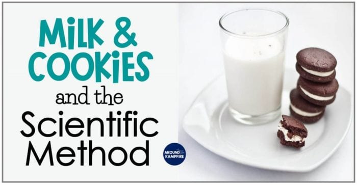 Mælkeglas og en stak småkager på en tallerken ved siden af en tekst med teksten Milk Cookies and the Scientific Method