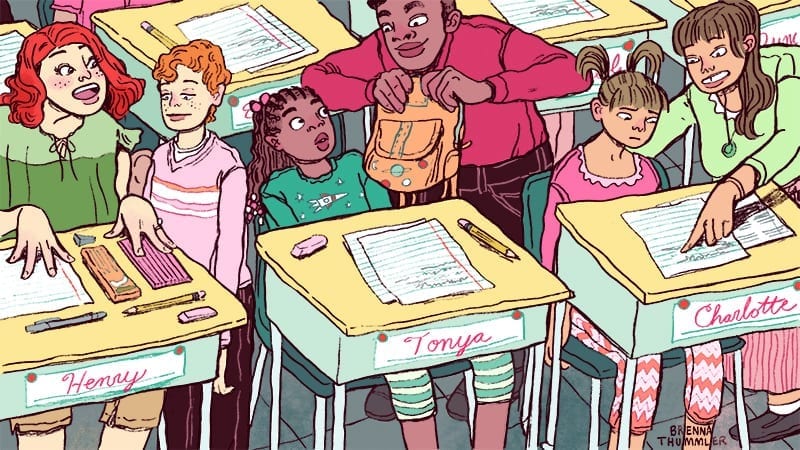 kids at desks with parents taking care of them