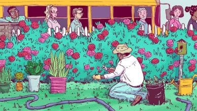 illustration of rose gardener being stared at by angry teachers over a bush