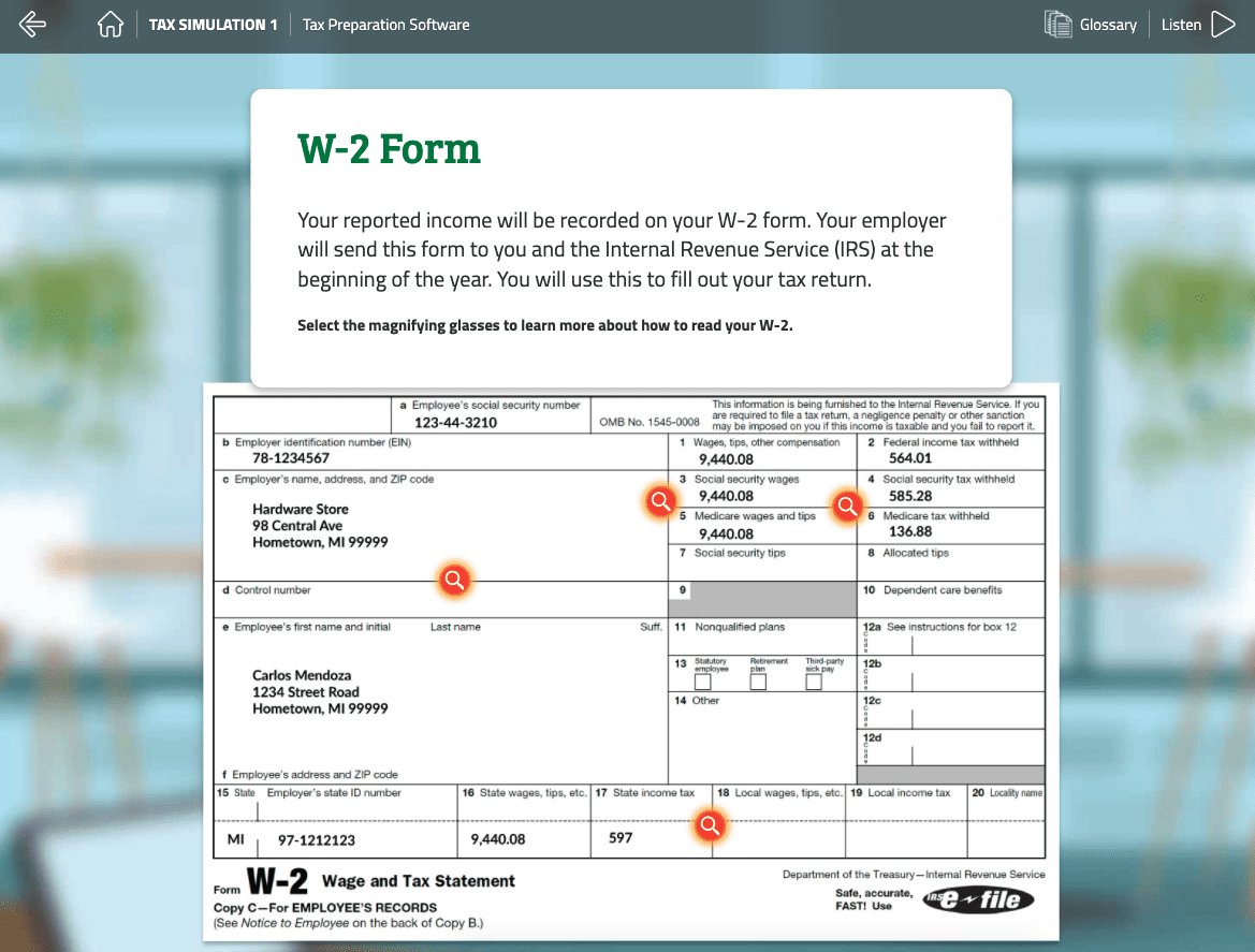 Screenshot of an online tax simulation for high school students