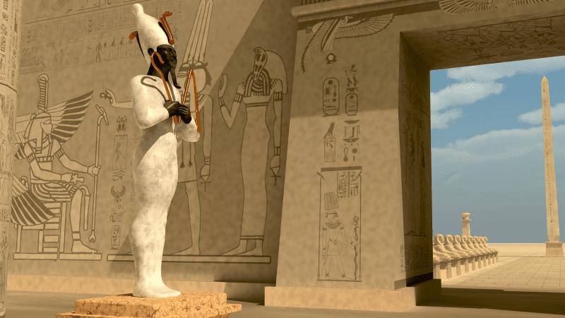 Statue of the Egyptian god Osiris in a ruin of a temple