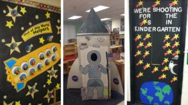 Collage of space-themed classroom ideas