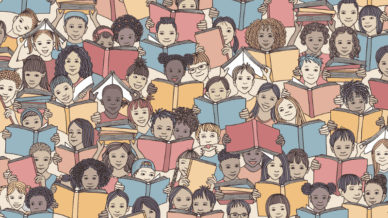 Illustration of a crowd of diverse children reading books