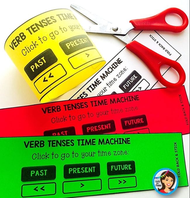 Printable verb tenses time machine arm bands and a pair of scissors