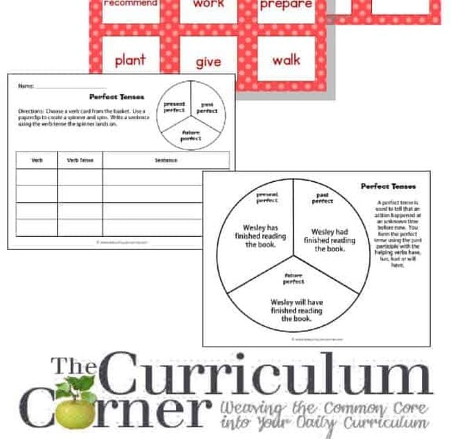 Verb tenses printable game with spinner circle from The Curriculum Corner