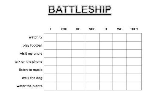 Battleship grid with I You He She It We They across the top and various activities down the side (Verb Tenses)