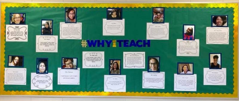 #WhyITeach bulletin board with pictures of teachers and their explanations of why they teach underneath.