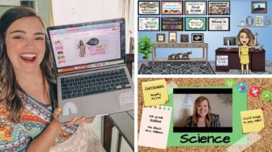 Three separate images of a teacher bitmoji in her classroom, a teacher holding up her laptop with a powerpoint, and a video.