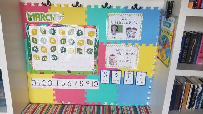 Homemade background for remote teaching with colorful puzzle piece bulletin board
