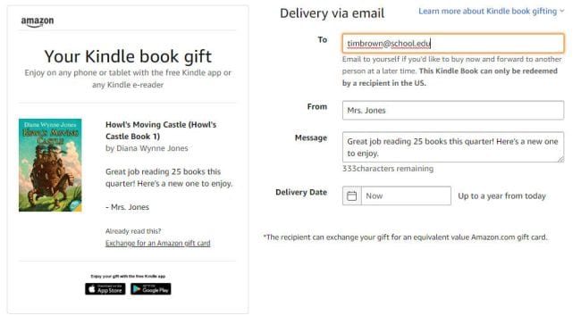 Kindle book gift page screen shot (Virtual Rewards)