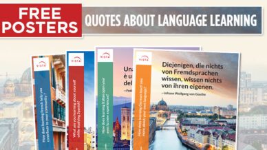 四个三个海报，上面有关于语言学习的报价。