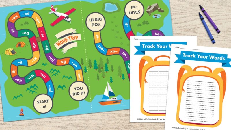 word blends reading game board with colorful spaces and word families plus backpack image with lines for words printable phonics game