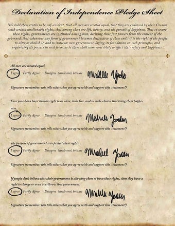 Declaration of Independence Pledge Sheet.