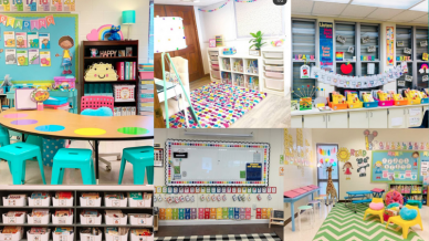 Six separate images of kindergarten classrooms including colorful and bright rugs and school supplies.