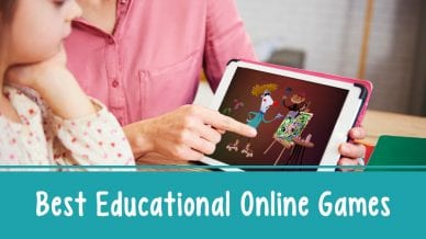 Still of child and teacher looking at online educational games