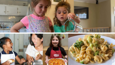 Four separate images of young kids cooking.
