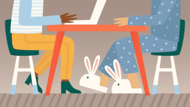 Illustrated interview with teacher in pajamas and bunny slippers