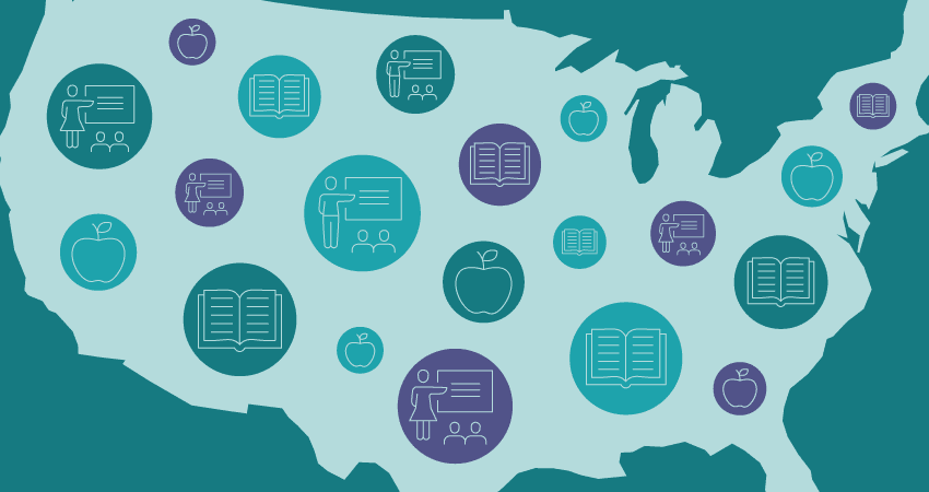Map with icons depicting how many teachers are there in the U.S.