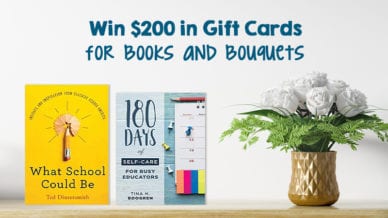 Two teacher books and a bouquet on a shelf for giveaway