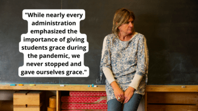 Image of teacher paired with quote about teachers' COVID trauma