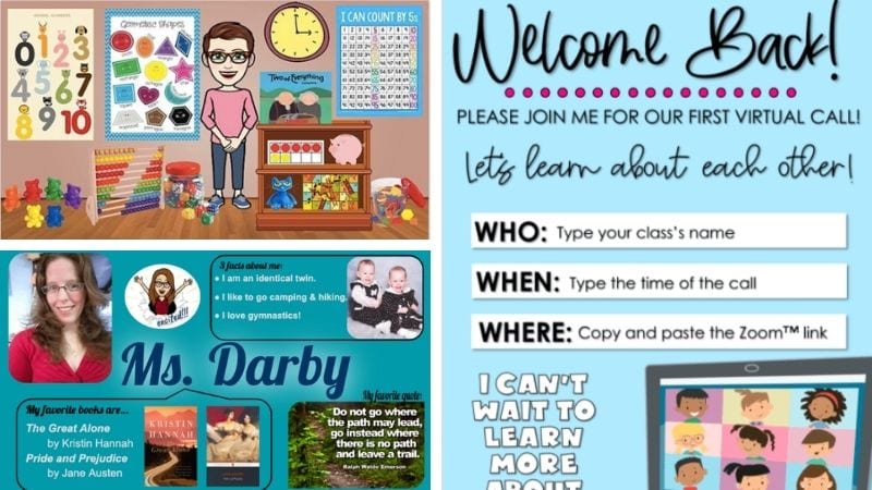 Three separate images of a teacher bitmoji, and two welcome back posters.