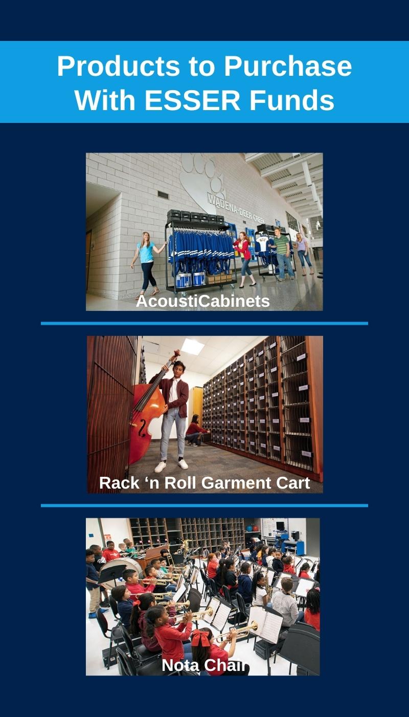 Photos of musical instrument storage, chairs, and other items music education teachers can buy with ESSER funds