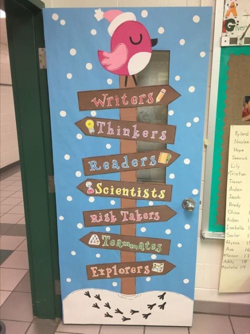 Classroom door decorated with a signpost with words describing writers, with a bird on top in snowy landscape