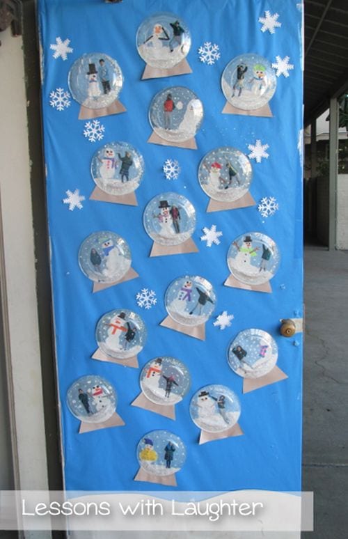 Classroom door decorated with snowglobes made using clear paper plates