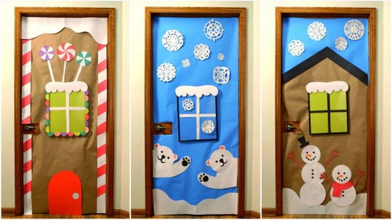 Three classroom doors decorated for winter using a poster frame to make a window (Winter Classroom Doors)