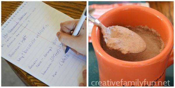 A hand is shown recording notes in a notebook on the left and a mug with hot chocolate in it and a spoon containing some of the hot chocolate is shown on the right.