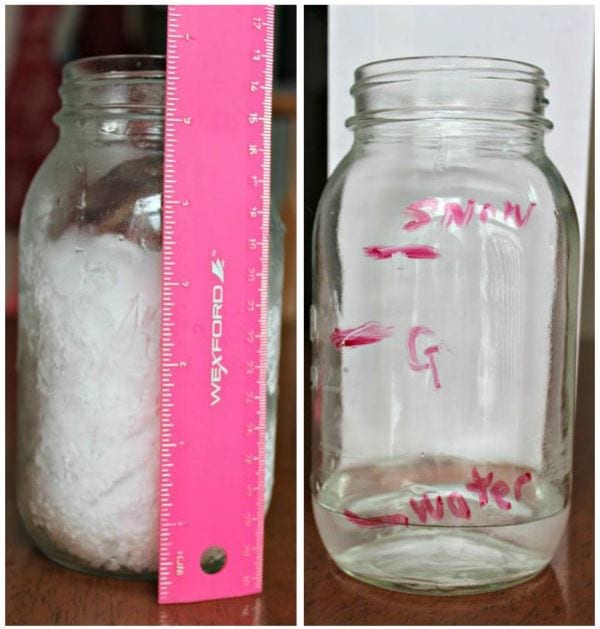 Pink ruler next to a jar of snow and a jar of water, showing the difference in volume