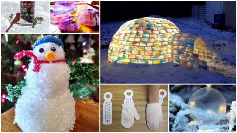 Winter science experiments of a colorful lit-up igloo, a snowman, icicle balls and DIY mittens.