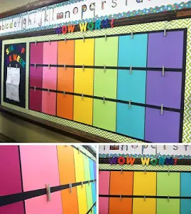a bulletin board with an array of color block squares