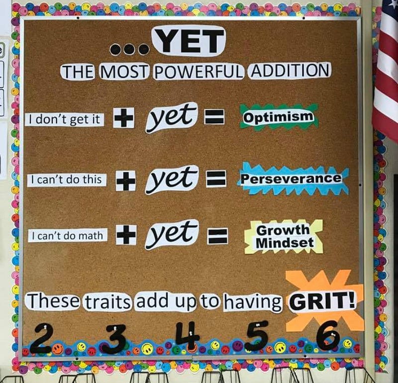 Bulletin board with text that reads ... Yet. The Most Powerful Addition. I don't get it + yet = optimisim. I can't do this + yet = perseverance. I can't do math + yet = growth mindset. These traits add up to having grit!